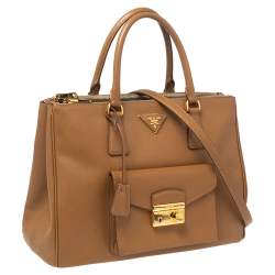 Pre Owned Prada Brown Saffiano Leather Front Pocket Double Zip Tote