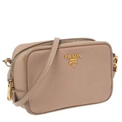 Pre Owned Prada Beige Saffiano Leather Mini Zip Top Camera Sling Bag
