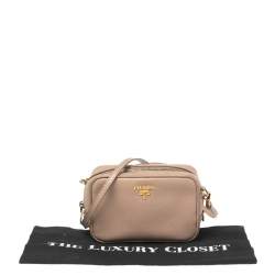Pre Owned Prada Beige Saffiano Leather Mini Zip Top Camera Sling Bag