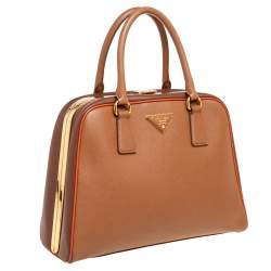 Pre Owned Prada Brown Saffiano Leather Pyramid Frame Satchel