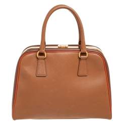 Pre Owned Prada Brown Saffiano Leather Pyramid Frame Satchel