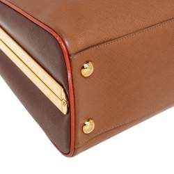 Pre Owned Prada Brown Saffiano Leather Pyramid Frame Satchel