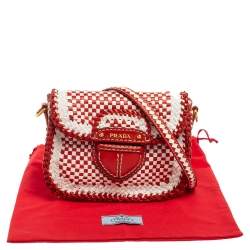 Pre Owned Prada White/Red Leather Madras Crossbody Bag