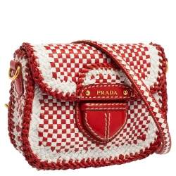 Pre Owned Prada White/Red Leather Madras Crossbody Bag