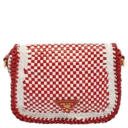 Pre Owned Prada White/Red Leather Madras Crossbody Bag