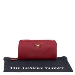 Pre Owned Prada Red Saffiano Leather Zip Around Wallet