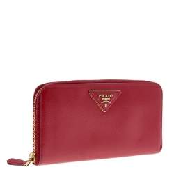 Pre Owned Prada Red Saffiano Leather Zip Around Wallet