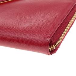 Pre Owned Prada Red Saffiano Leather Zip Around Wallet