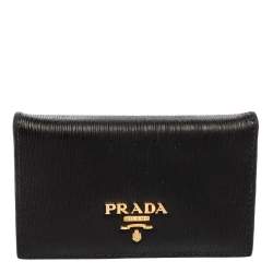 Pre Owned Prada Black Move Leather Logo Flap Card Case