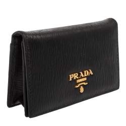 Pre Owned Prada Black Move Leather Logo Flap Card Case