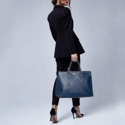 Pre Owned Prada Blue Saffiano Lux Leather Executive Galleria Tote