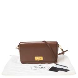 Pre Owned Prada Brown Saffiano Vernice Leather Turnlock Flap Shoulder Bag