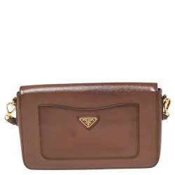 Pre Owned Prada Brown Saffiano Vernice Leather Turnlock Flap Shoulder Bag