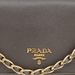 Pre Owned Prada Dark Khaki Saffiano Metal Leather Wallet on Chain