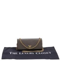 Pre Owned Prada Dark Khaki Saffiano Metal Leather Wallet on Chain