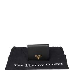Pre Owned Prada Black Saffiano Lux Leather Logo Flap Compact Wallet