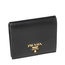 Pre Owned Prada Black Saffiano Lux Leather Logo Flap Compact Wallet