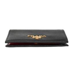 Pre Owned Prada Black Saffiano Lux Leather Logo Flap Compact Wallet