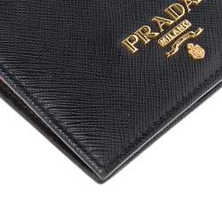 Pre Owned Prada Black Saffiano Lux Leather Logo Flap Compact Wallet