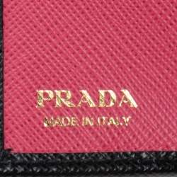 Pre Owned Prada Black Saffiano Lux Leather Logo Flap Compact Wallet