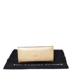 Pre Owned Prada Gold Saffiano Metal Leather Logo Flap Continental Wallet