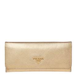 Pre Owned Prada Gold Saffiano Metal Leather Logo Flap Continental Wallet