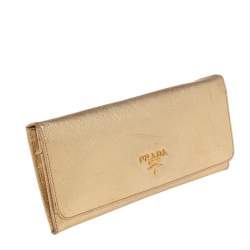 Pre Owned Prada Gold Saffiano Metal Leather Logo Flap Continental Wallet