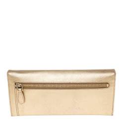 Pre Owned Prada Gold Saffiano Metal Leather Logo Flap Continental Wallet