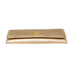 Pre Owned Prada Gold Saffiano Metal Leather Logo Flap Continental Wallet