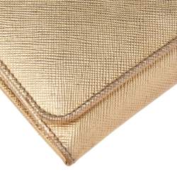 Pre Owned Prada Gold Saffiano Metal Leather Logo Flap Continental Wallet