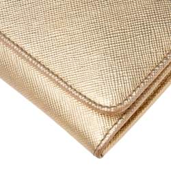 Pre Owned Prada Gold Saffiano Metal Leather Logo Flap Continental Wallet