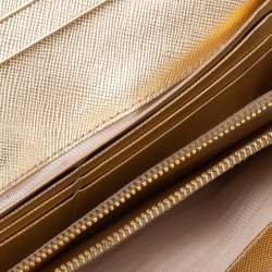 Pre Owned Prada Gold Saffiano Metal Leather Logo Flap Continental Wallet