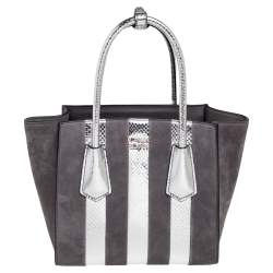 Pre Owned Prada Grey/Silver Suede and Snakeskin Double Handle Tote