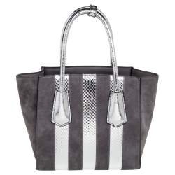 Pre Owned Prada Grey/Silver Suede and Snakeskin Double Handle Tote