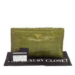 Pre Owned Prada Green Woven Leather Madras Clutch