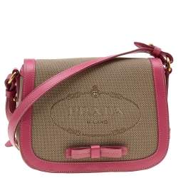 Pre Owned Prada Beige/Pink Canvas and Leather Crossbody Bag