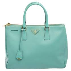 Pre Owned Prada Celeste Green Saffiano Lux Leather Large Double Zip Tote