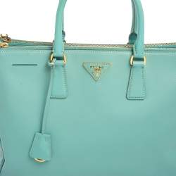 Pre Owned Prada Celeste Green Saffiano Lux Leather Large Double Zip Tote