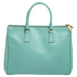 Pre Owned Prada Celeste Green Saffiano Lux Leather Large Double Zip Tote