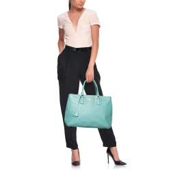 Pre Owned Prada Celeste Green Saffiano Lux Leather Large Double Zip Tote