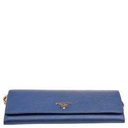 Pre Owned Prada Blue Saffiano Leather Wallet on Chain