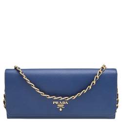 Pre Owned Prada Blue Saffiano Leather Wallet on Chain