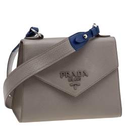 Pre Owned Prada Grey Saffiano Cuir Leather Monochrome Shoulder Bag
