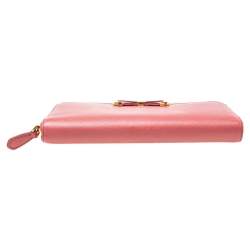 Pre Owned Prada Pink Saffino Metal Leather Bow Zip Around Continental Wallet