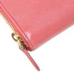 Pre Owned Prada Pink Saffino Metal Leather Bow Zip Around Continental Wallet