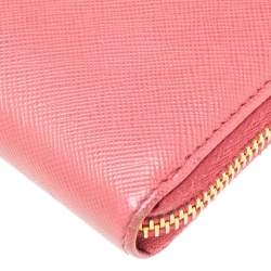 Pre Owned Prada Pink Saffino Metal Leather Bow Zip Around Continental Wallet