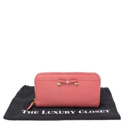 Pre Owned Prada Pink Saffino Metal Leather Bow Zip Around Continental Wallet