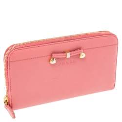 Pre Owned Prada Pink Saffino Metal Leather Bow Zip Around Continental Wallet
