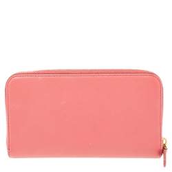 Pre Owned Prada Pink Saffino Metal Leather Bow Zip Around Continental Wallet