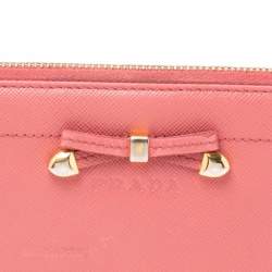 Pre Owned Prada Pink Saffino Metal Leather Bow Zip Around Continental Wallet